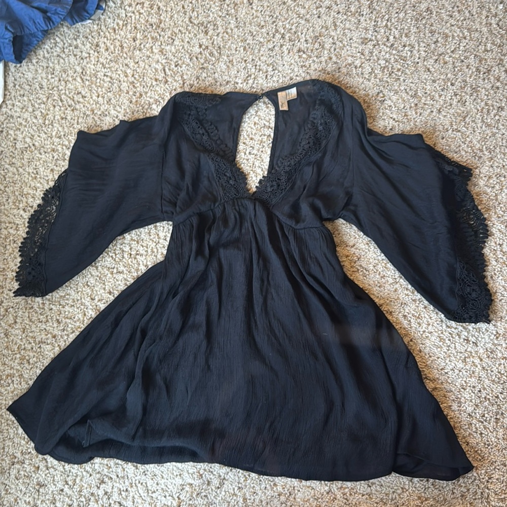 Whimsigoth Black Blouse / Mini Dress – Lace Trim & Keyhole Back